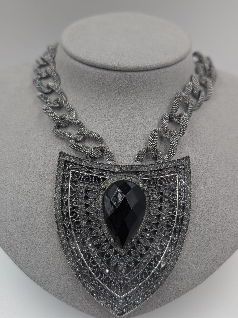Gunmetal Black Shield Statement Necklace Filigree Gothic Bib 0341